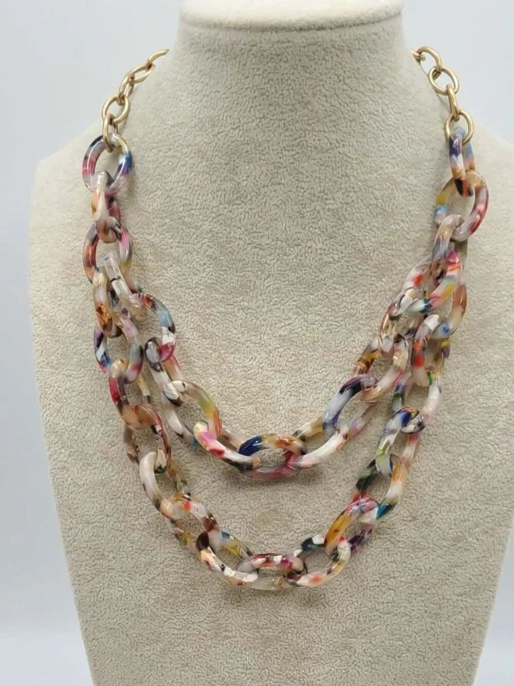 J Crew Multi Color Resin Double Strand Gold Tone Necklace